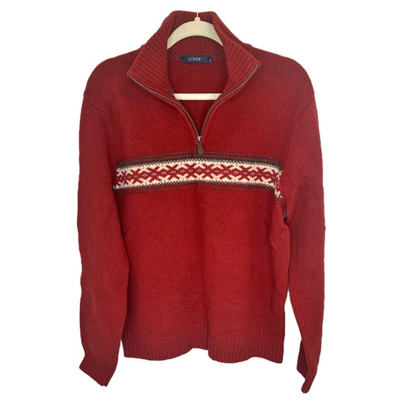J.CREW Other - J. Crew Lambswool Quarter Zip Red Sweater Half Fair Isle Christmas Lambs Wool XL